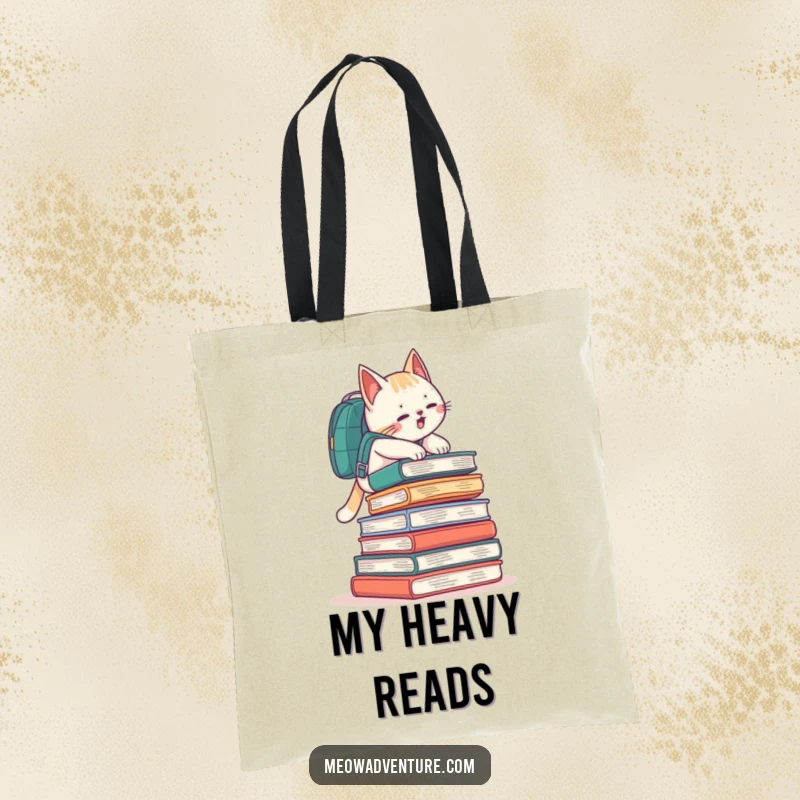 Funny cat with a backpack climbing a stack of books, depicted on a durable and stylish tote bag.