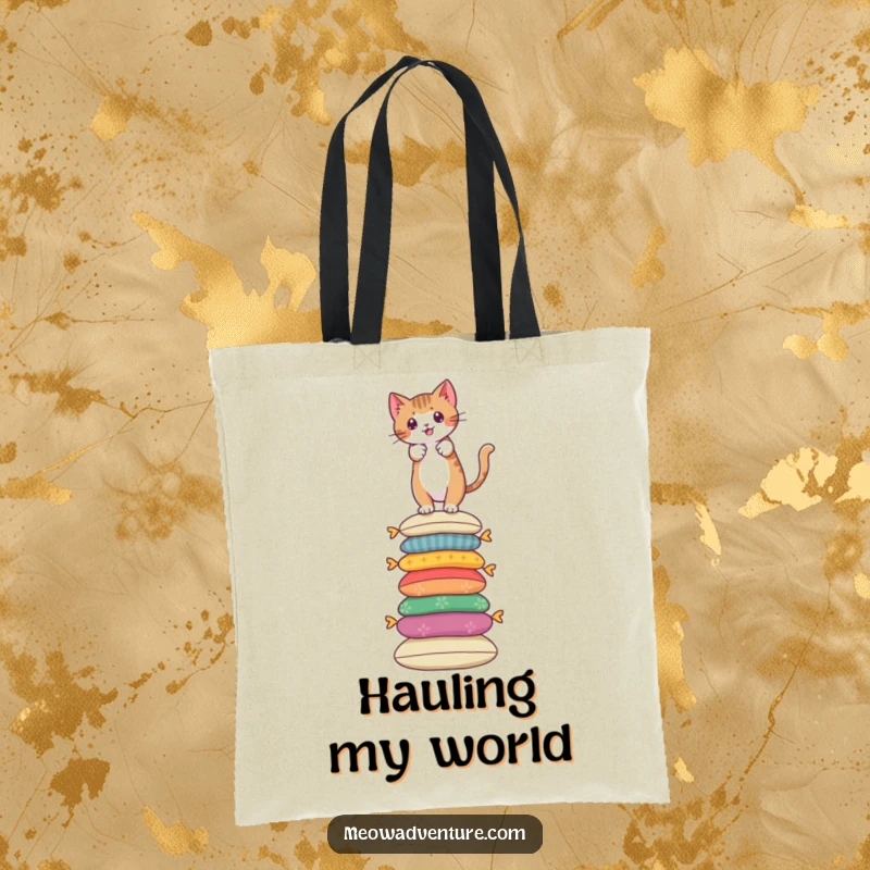 Funny tote bag with a brave cat scaling a tall stack of colorful cushions, a symbol of courage.