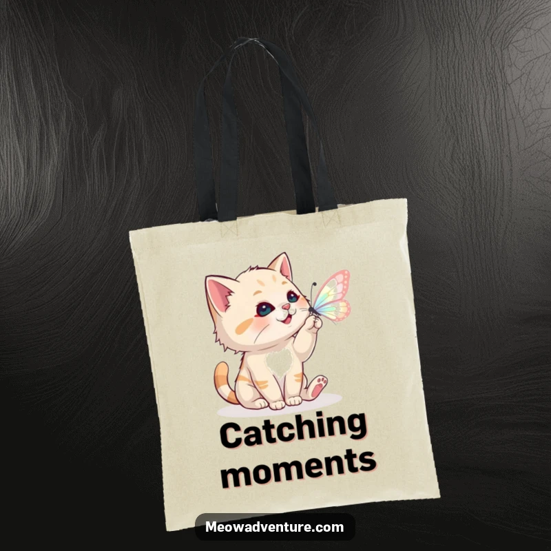 Funny tote bag featuring a playful cat reaching for a shimmering, magical butterfly, a whimsical accessory.