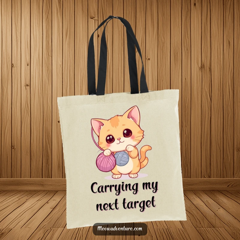Funny tote bag featuring a curious cat with wide eyes batting at a yarn ball, perfect for essentials, great funny gift.