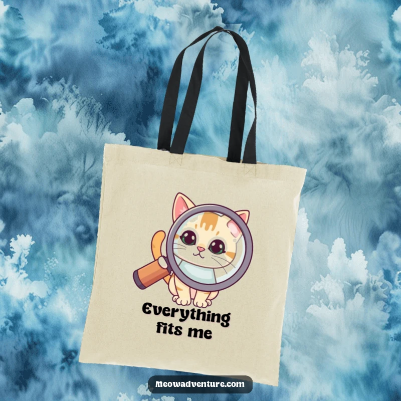 Funny tote bag with a cat peeking inquisitively from behind a large magnifying glass, ready to discover hidden treasures.