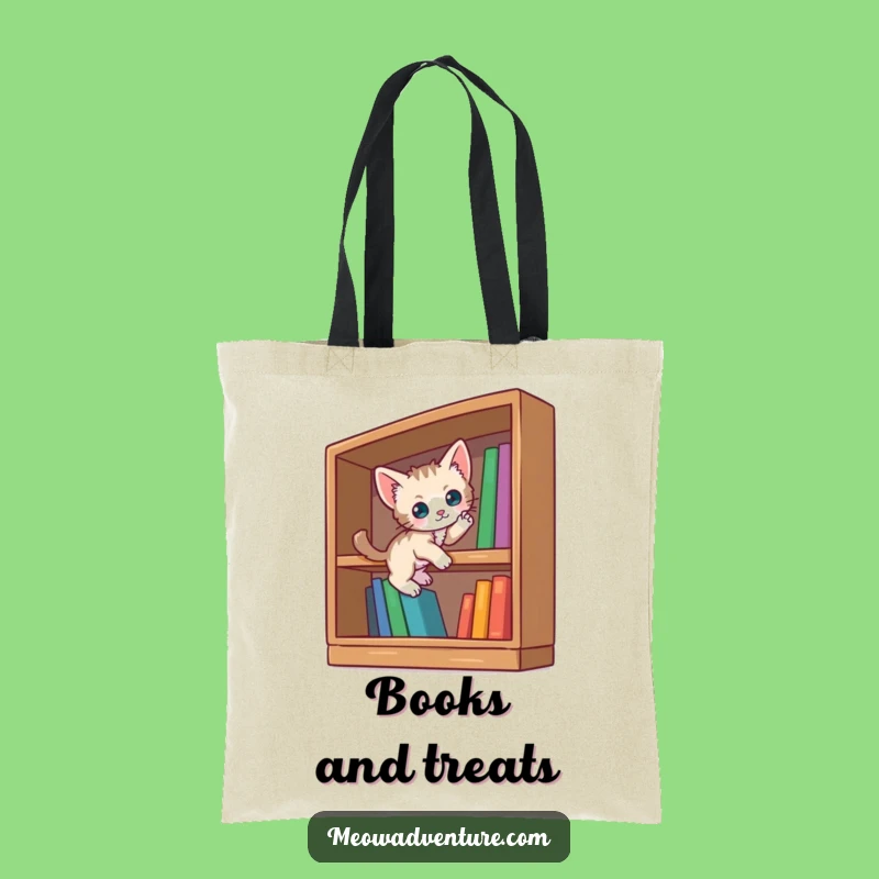 Funny Curious Kitten Tote Bag: Bookshelf Scaling Adventure - Carry Your Literary Treasures!