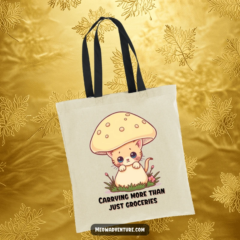 Funny tote bag designed with a curious kitten peeking from behind a giant mushroom, perfect for carrying essentials with a humorous, adventurous flair.