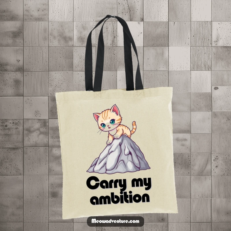 Funny tote bag showcasing a determined kitten climbing a mountain, ideal for carrying daily items with motivational humor.