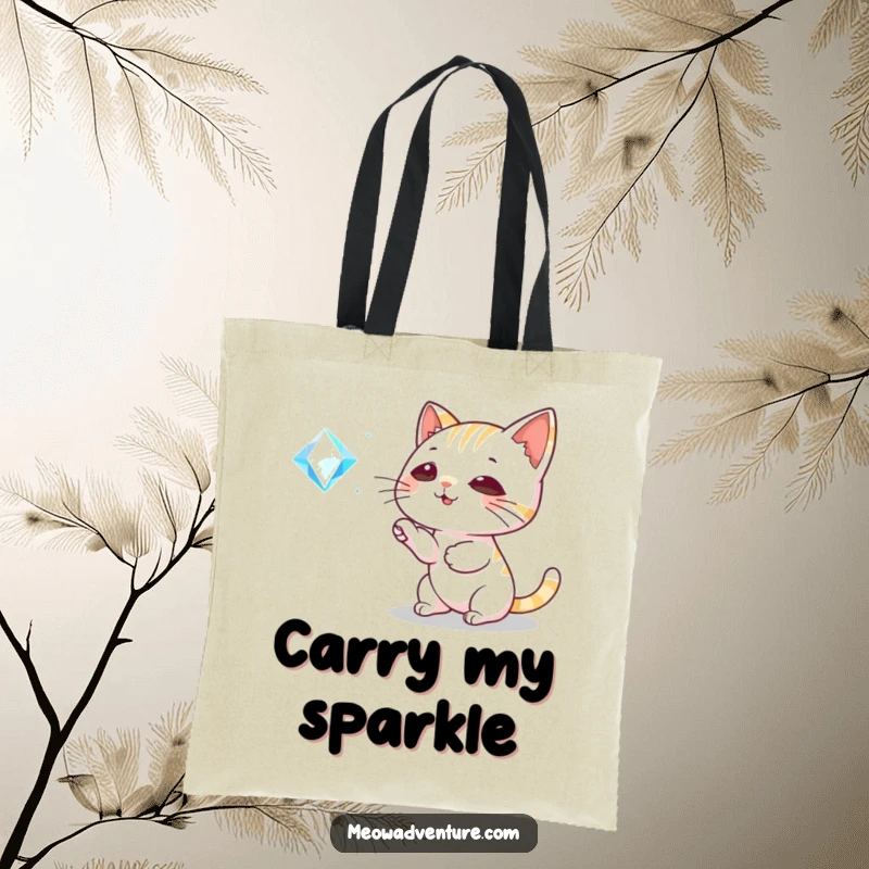 Funny Cat Tote Bag: A playful cat bats at a sparkling gem, a charming humorous accessory for carrying everyday treasures.