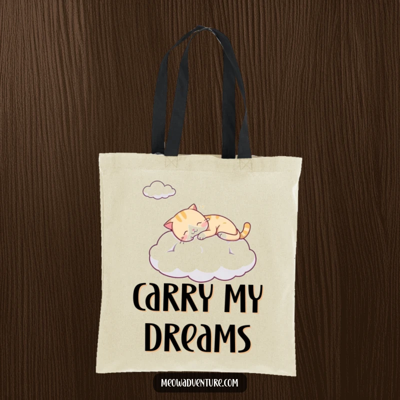 Funny tote bag featuring a serene, sleepy cat napping on a cloud, ideal for carrying essentials with a touch of whimsy.
