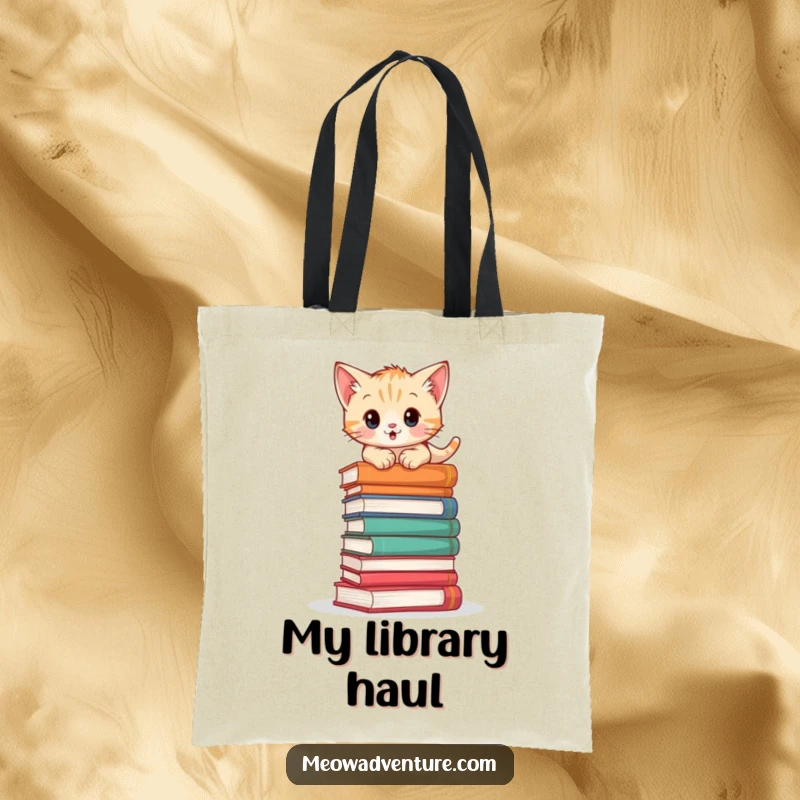 Adventurous kitten tote bag showing a cat climbing a stack of books, perfect for carrying literary treasures with style.