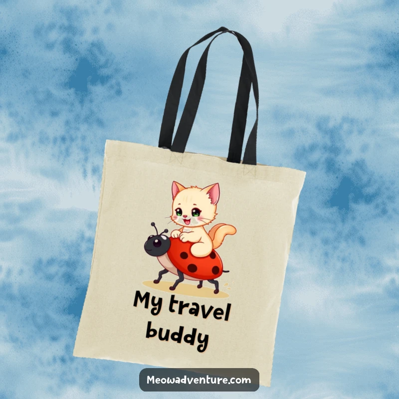 Funny tote bag with a happy kitten riding a ladybug like a steed, perfect for carrying essentials with whimsical charm.